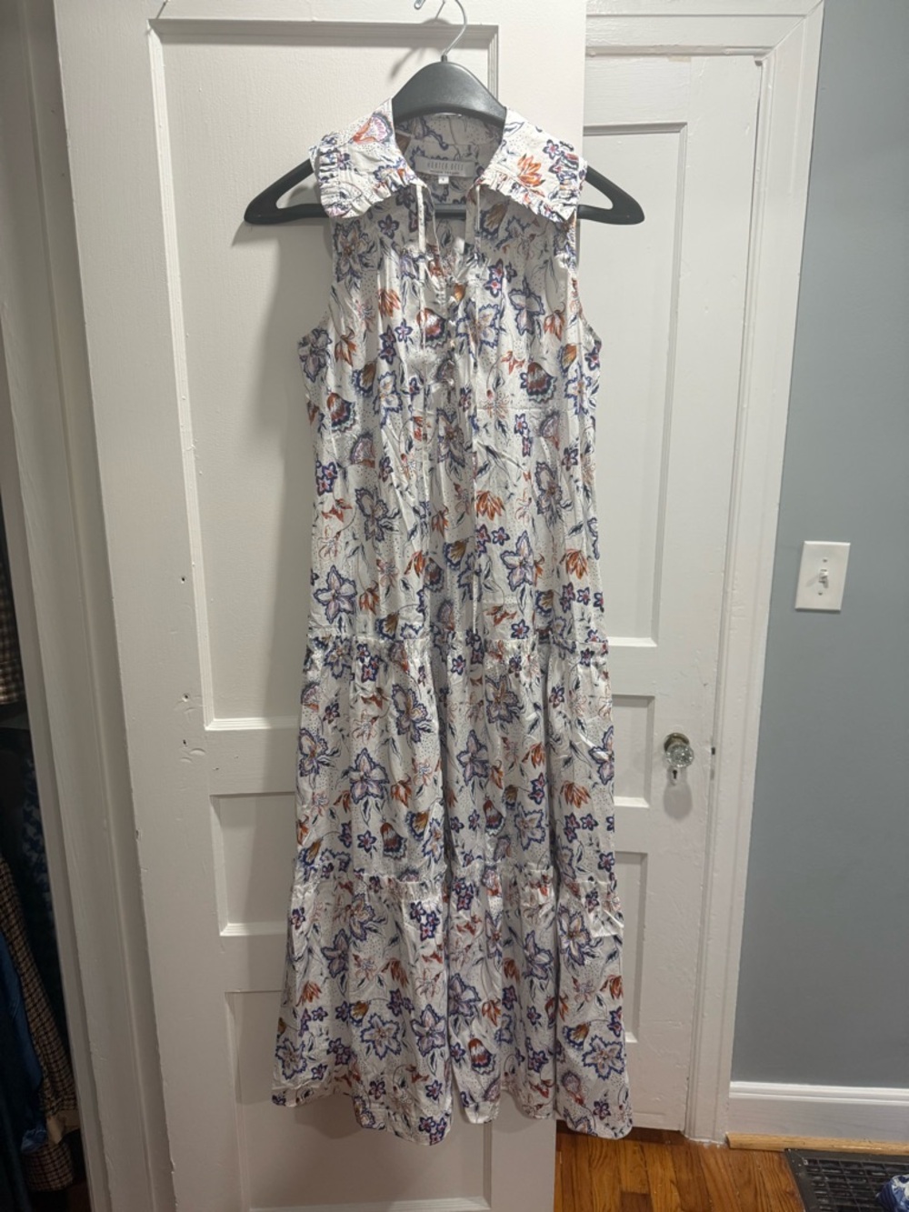 HUNTER BELL White Maxi Dress with Blue and Orange Floral Print